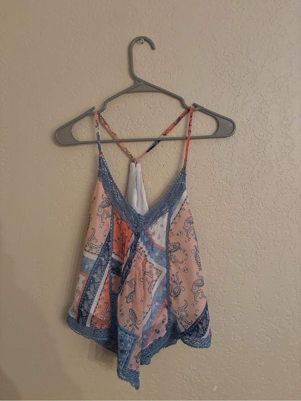 Miss Me Peach & Blue Paisley Lace-Trim Tank